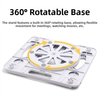 360°-os forgó, összecsukható laptop-tartó, állítható magasságú, fém szerkezet, hűtőalap.