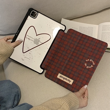 Ochranný kryt na iPad s plaid heart vzorom, akryl, vyvýšená textura, slot na pero, stojan