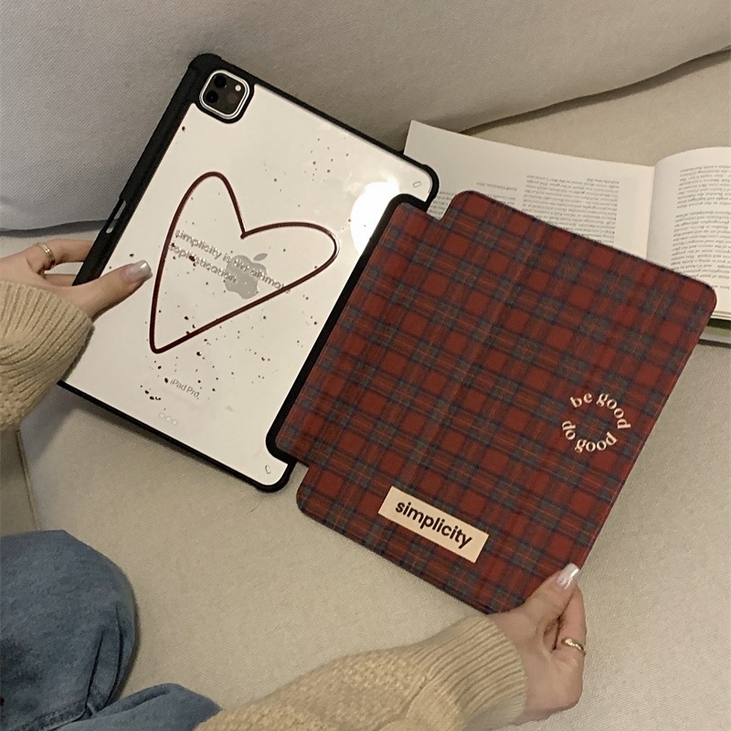 Ochranný kryt na iPad s plaid heart vzorom, akryl, vyvýšená textura, slot na pero, stojan