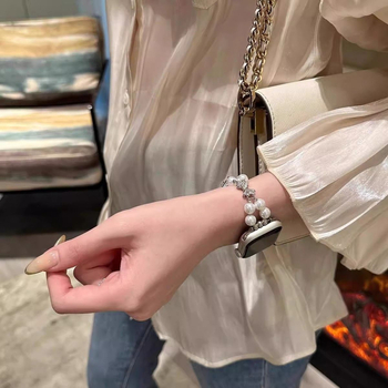 Brățară pentru ceas cu lanț pearl și nod de fluture – 18 mm, curea metalică, închidere snap, compatibilă cu Apple, Huawei și Xiaomi ceasuri