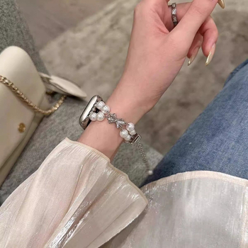 Brățară pentru ceas cu lanț pearl și nod de fluture – 18 mm, curea metalică, închidere snap, compatibilă cu Apple, Huawei și Xiaomi ceasuri