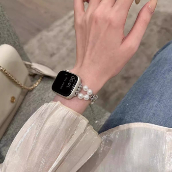 Brățară pentru ceas cu lanț pearl și nod de fluture – 18 mm, curea metalică, închidere snap, compatibilă cu Apple, Huawei și Xiaomi ceasuri