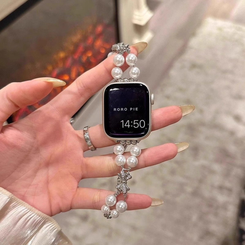 Brățară pentru ceas cu lanț pearl și nod de fluture – 18 mm, curea metalică, închidere snap, compatibilă cu Apple, Huawei și Xiaomi ceasuri