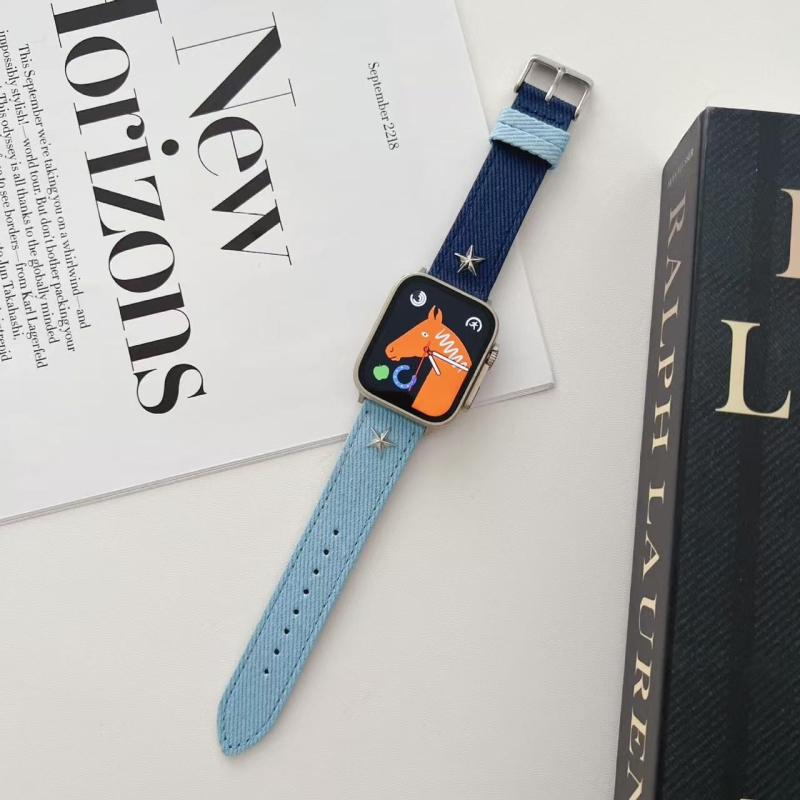 Remen za Apple Watch od denima, dvostruki krug šivanja zvijezda i leptir kopčom