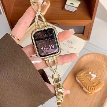 Μεταλλικός ιμάντας ρολογιού με διακριτικά διαμάντια σε σχήμα Χ σε διπλή σειρά, πλάτος 22mm, κλείσιμο με κουμπί, συμβατός με Apple Watch, Samsung και Huawei