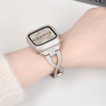 Μεταλλικός ιμάντας ρολογιού με διακριτικά διαμάντια σε σχήμα Χ σε διπλή σειρά, πλάτος 22mm, κλείσιμο με κουμπί, συμβατός με Apple Watch, Samsung και Huawei