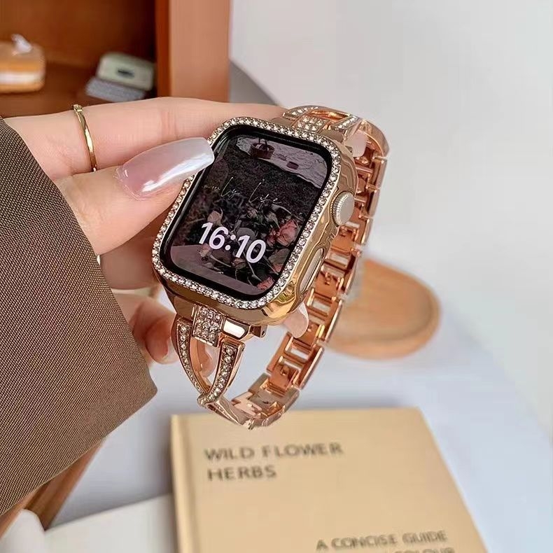 Μεταλλικός ιμάντας ρολογιού με διακριτικά διαμάντια σε σχήμα Χ σε διπλή σειρά, πλάτος 22mm, κλείσιμο με κουμπί, συμβατός με Apple Watch, Samsung και Huawei