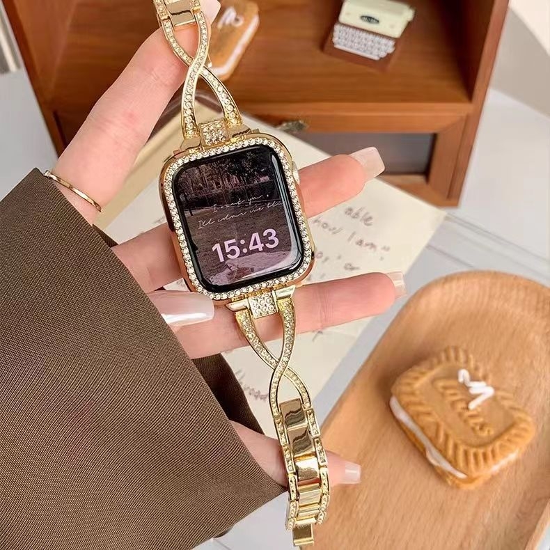 Μεταλλικός ιμάντας ρολογιού με διακριτικά διαμάντια σε σχήμα Χ σε διπλή σειρά, πλάτος 22mm, κλείσιμο με κουμπί, συμβατός με Apple Watch, Samsung και Huawei