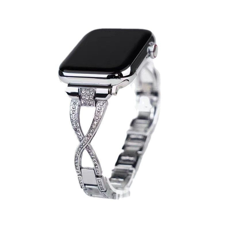 Μεταλλικός ιμάντας ρολογιού με διακριτικά διαμάντια σε σχήμα Χ σε διπλή σειρά, πλάτος 22mm, κλείσιμο με κουμπί, συμβατός με Apple Watch, Samsung και Huawei
