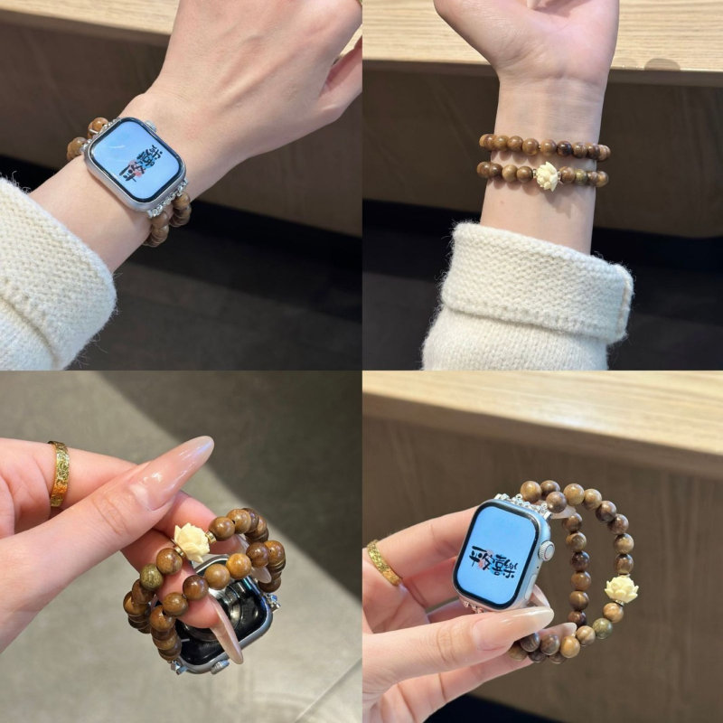 Narukvica za Apple Watch S10 s koralima od zelenog sandalovog drveta, elastična traka za muškarce i žene