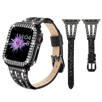 Калъф за Apple Watch с диамантена метална гривна и кожена каишка със звезден блясък — марка Neutral, естествена кожа, модерен стил