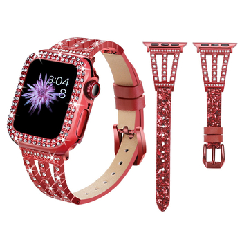 Калъф за Apple Watch с диамантена метална гривна и кожена каишка със звезден блясък — марка Neutral, естествена кожа, модерен стил