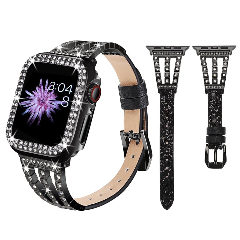 Калъф за Apple Watch с диамантена метална гривна и кожена каишка със звезден блясък — марка Neutral, естествена кожа, модерен стил