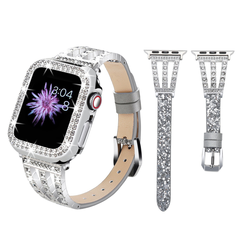 Калъф за Apple Watch с диамантена метална гривна и кожена каишка със звезден блясък — марка Neutral, естествена кожа, модерен стил