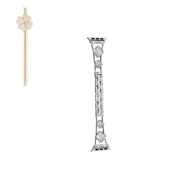 Μεταλλικός ιμάντας ρολογιού για Apple iWatch με μοτίβο τετράφυλλου clover με διαμάντια; Συμβατός με Apple, Universal και Huawei; κούμπωμα με κουμπί snap; κυκλοφόρησε το 2024