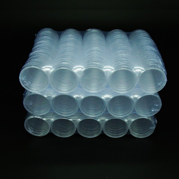 Emlékérme-doboz, átlátszó műanyag, kerek alakú; anyag: PS; csomagolás: műanyag zárófedél; nem ajándék