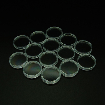 Emlékérme-doboz, átlátszó műanyag, kerek alakú; anyag: PS; csomagolás: műanyag zárófedél; nem ajándék