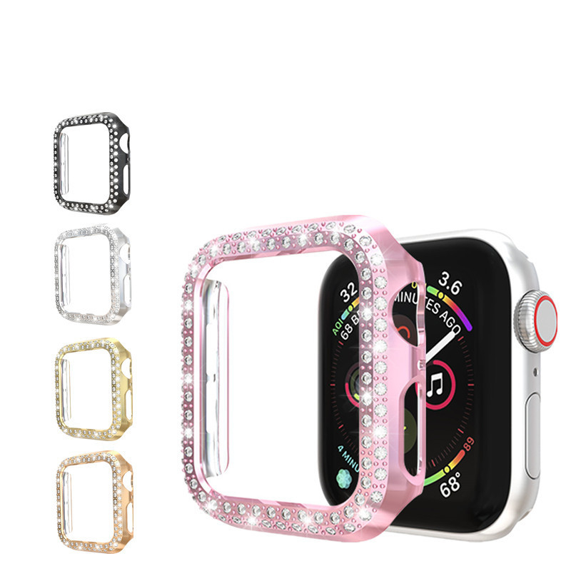 Carcasă Apple Watch Series 2–10 cu două rânduri de diamante, corp din PC și folie de protecție a ecranului integrată