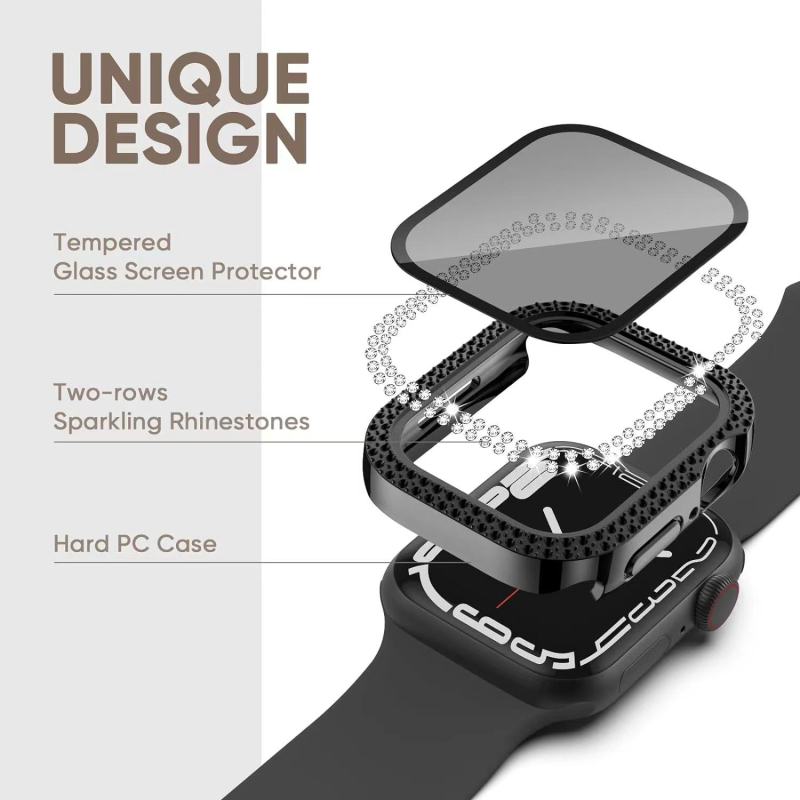 Futrola za Apple Watch s elektroplatiniranim dijamantima, dvostruki red dijamanta, PC konstrukcija, kompatibilno sa Series 7
