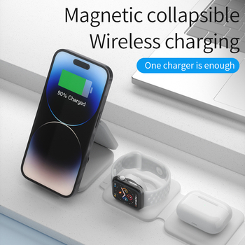 Încărcător wireless magnetic, trei în unu pentru Apple Watch, iPhone și AirPods – suport pliabil, încărcare rapidă QC3.0, Putere totală 20W