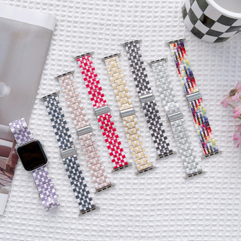 Apple Watch S9/8 dirželis, 10-oji karta, trijų karoliukų dervos vaivorykštės austas kvadrato raštas, PC metalas