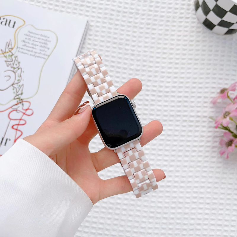 Apple Watch S9/8 dirželis, 10-oji karta, trijų karoliukų dervos vaivorykštės austas kvadrato raštas, PC metalas