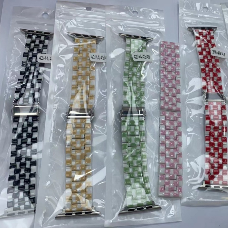 Apple Watch S9/8 dirželis, 10-oji karta, trijų karoliukų dervos vaivorykštės austas kvadrato raštas, PC metalas