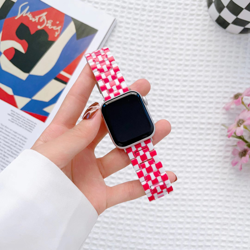 Apple Watch S9/8 dirželis, 10-oji karta, trijų karoliukų dervos vaivorykštės austas kvadrato raštas, PC metalas