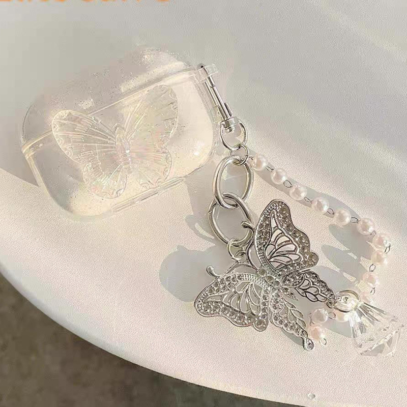 Pezt AirPods aizsargkaste – TPU, caurspīdīgs tauriņa motīvs animācijas stilā, līmēšanas apdare, pielāgojams