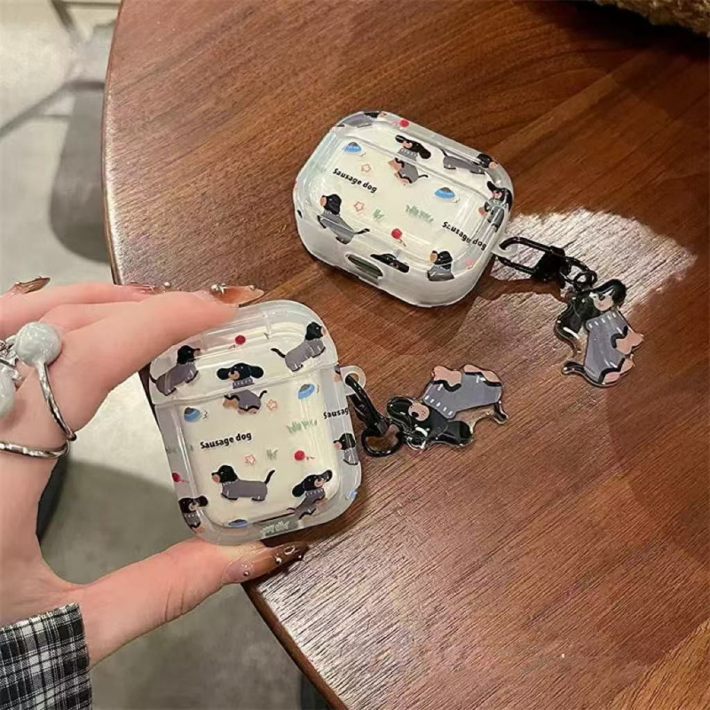 AirPods защитен калъф с мотив Дакхунд в стил карикатура, TPU мек корпус, гравиране, възможност за персонализация, съвместим с Apple