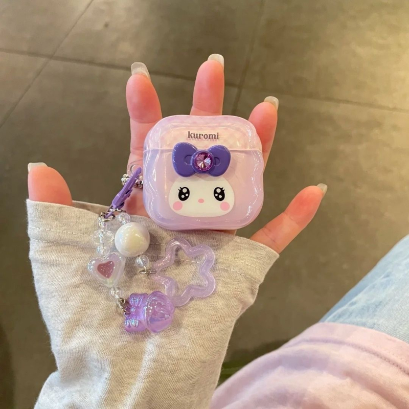 AirPods TPU защитен калъф с 3D лък Kuromi дизайн – мека обвивка, полупрозрачен, пълно покритие, термопечат