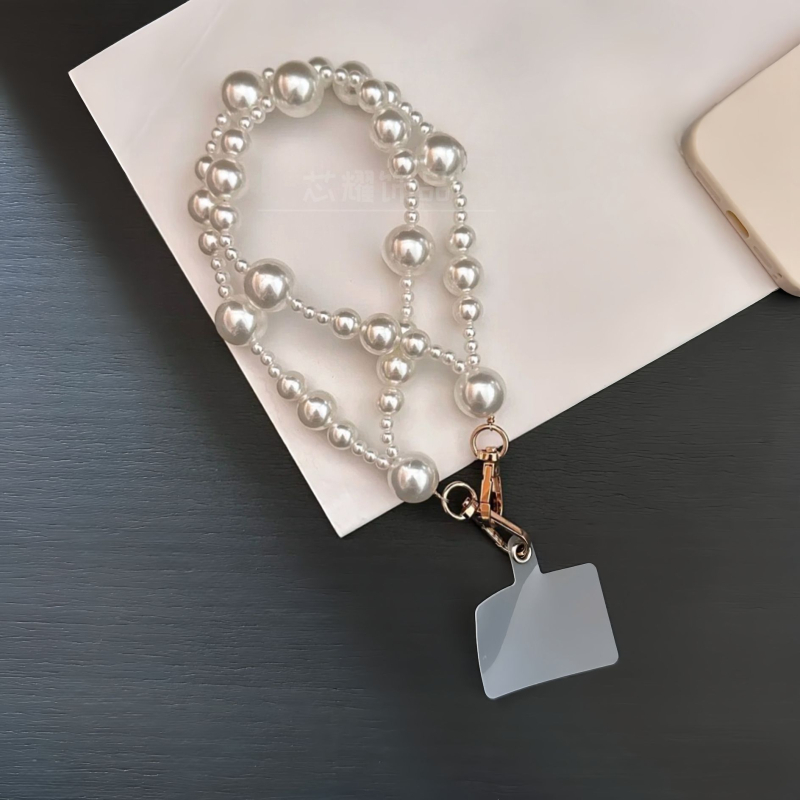 Unisex lanyard pentru telefon cu design de perle dublu strat, perlă ABS, sfoară din oțel, cataramă metalică, imprimare logo disponibilă, personalizabil