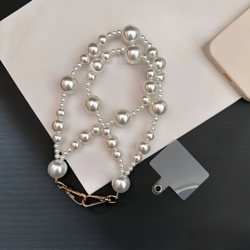 Unisex lanyard pentru telefon cu design de perle dublu strat, perlă ABS, sfoară din oțel, cataramă metalică, imprimare logo disponibilă, personalizabil