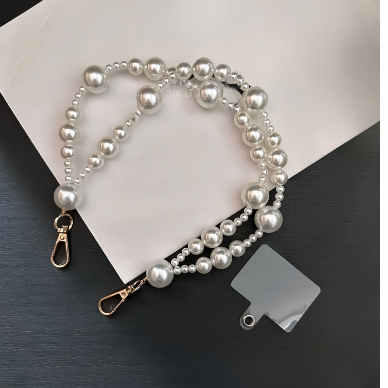 Unisex lanyard pentru telefon cu design de perle dublu strat, perlă ABS, sfoară din oțel, cataramă metalică, imprimare logo disponibilă, personalizabil