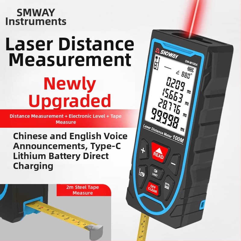 Lézeres távolságmérő újratölthető akkumulátorral, 50 m mérési tartomány, 1,5 mm pontosság, tömeg 250 g, modellek SW-M50A/SW-M70A/SW-M100A