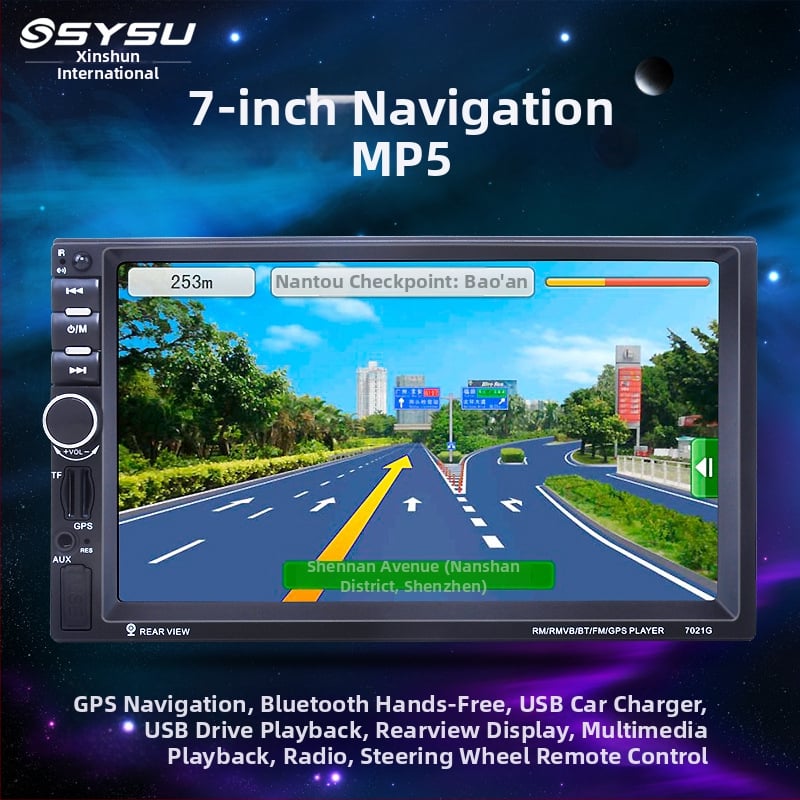 Automobilinė multimedijų navigacijos sistema MP5 su integruotu važiavimo įrašymo įrenginiu ir galinio vaizdo kamera, 7 colių LCD TFT ekranas, 12V maitinimas, palaiko TF kortelę ir USB, atkuria MP4/AVI/MKV/FLV/RM, modelis 7021g, pritaikomas apdorojimas