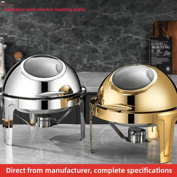 Nerūsējošā tērauda apaļā bufetes plīts ar vizuālo atveres vāciņu un hidraulisko pacēlumu, četriem kājiņām, pašapkalpošanās, elektriskā un alkohola apkure, luksusa viesnīcas modelis, logotipa drukāšana pieejama
