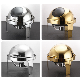 Nerūsējošā tērauda apaļā bufetes plīts ar vizuālo atveres vāciņu un hidraulisko pacēlumu, četriem kājiņām, pašapkalpošanās, elektriskā un alkohola apkure, luksusa viesnīcas modelis, logotipa drukāšana pieejama