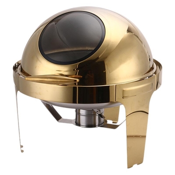 Nerūsējošā tērauda apaļā bufetes plīts ar vizuālo atveres vāciņu un hidraulisko pacēlumu, četriem kājiņām, pašapkalpošanās, elektriskā un alkohola apkure, luksusa viesnīcas modelis, logotipa drukāšana pieejama