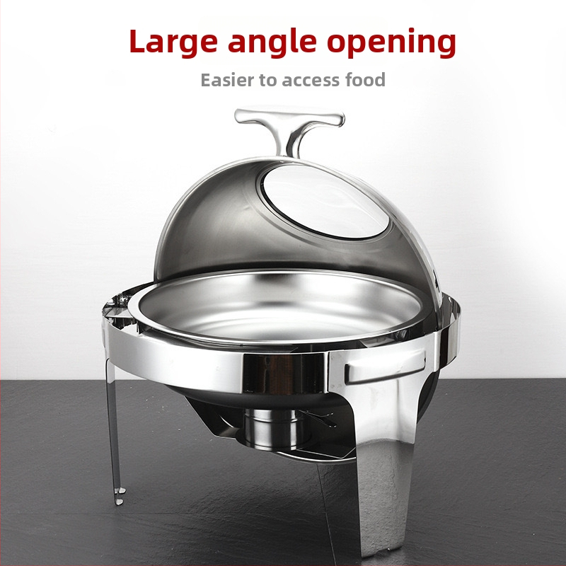 Nerūsējošā tērauda apaļā bufetes plīts ar vizuālo atveres vāciņu un hidraulisko pacēlumu, četriem kājiņām, pašapkalpošanās, elektriskā un alkohola apkure, luksusa viesnīcas modelis, logotipa drukāšana pieejama