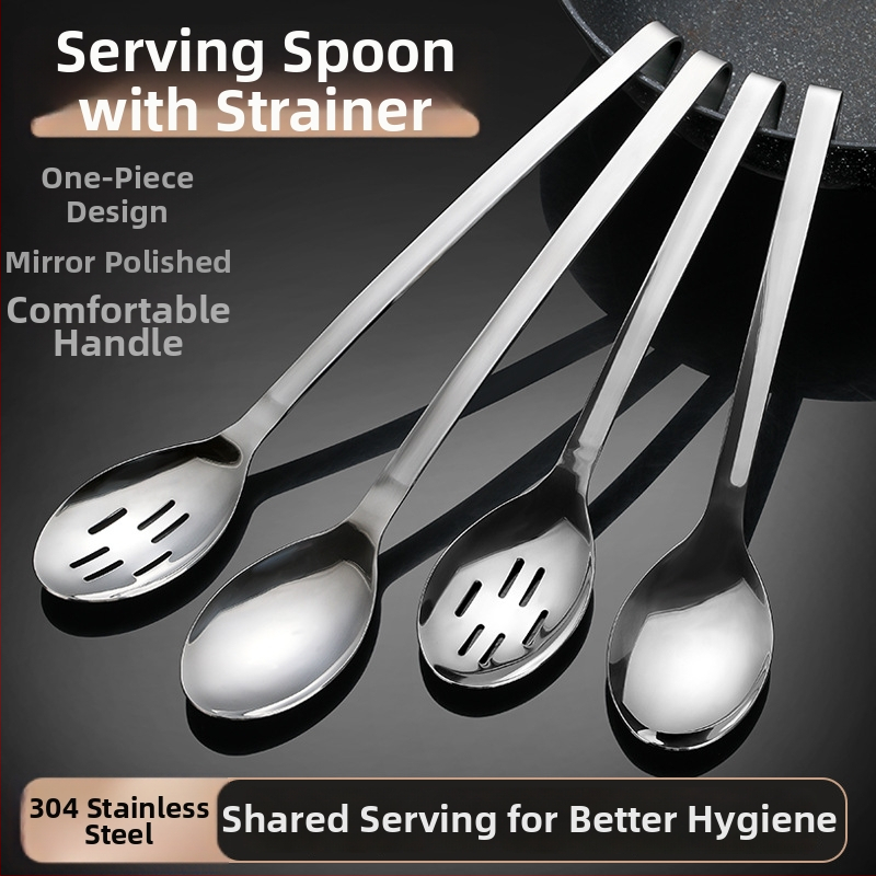 Nerūsējošā tērauda bufetes karote ar iebūvētu sietu un lāzergravētu logotipu