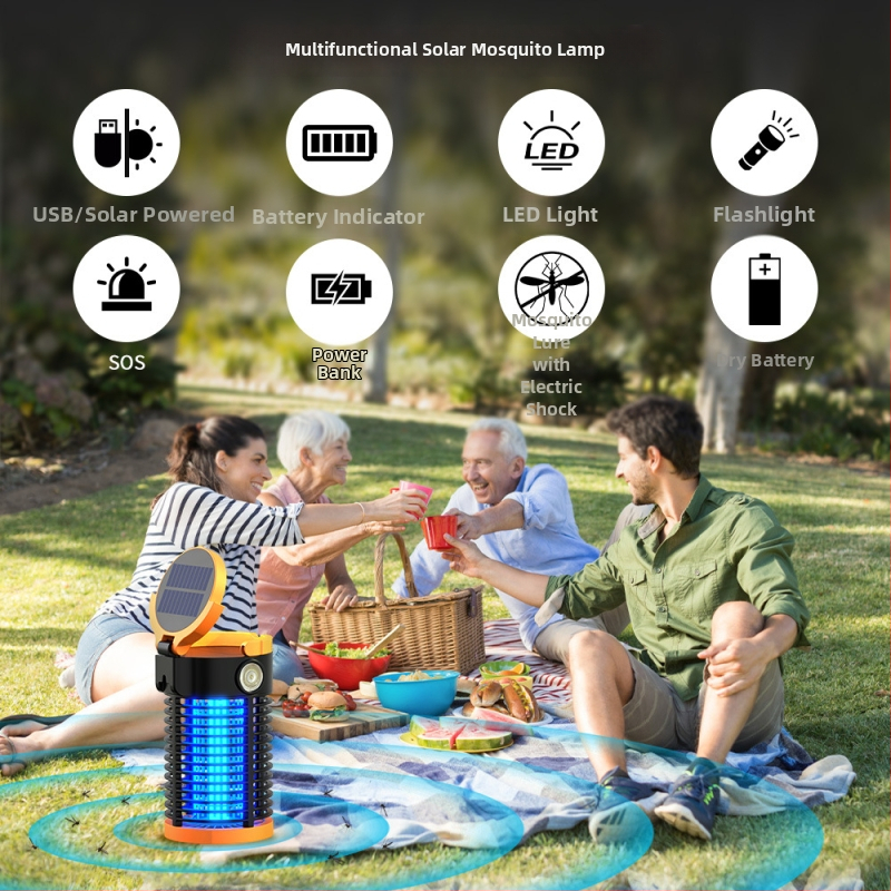 Vidaus saulės energijos uodų lemputė — įmontuota 5001mAh baterija, UV lemputė, šviesos impulsas pritraukia uodus ir elektrinis šokas juos žudo, tinka erdvėms iki 10㎡, veikia daugiau nei 12 valandų