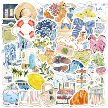 Комплект от 50 акварелни стикери с острови и пътувания – водоустойчиви PVC стикери за бутилка, калъф за телефон и планер, печат в скандинавски стил