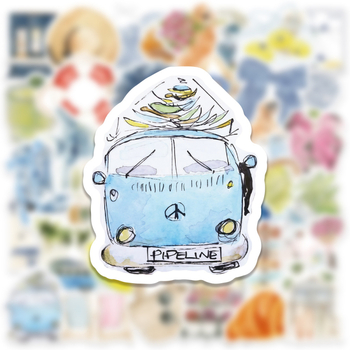 Комплект от 50 акварелни стикери с острови и пътувания – водоустойчиви PVC стикери за бутилка, калъф за телефон и планер, печат в скандинавски стил