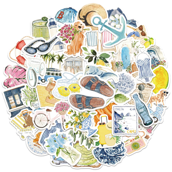 Комплект от 50 акварелни стикери с острови и пътувания – водоустойчиви PVC стикери за бутилка, калъф за телефон и планер, печат в скандинавски стил