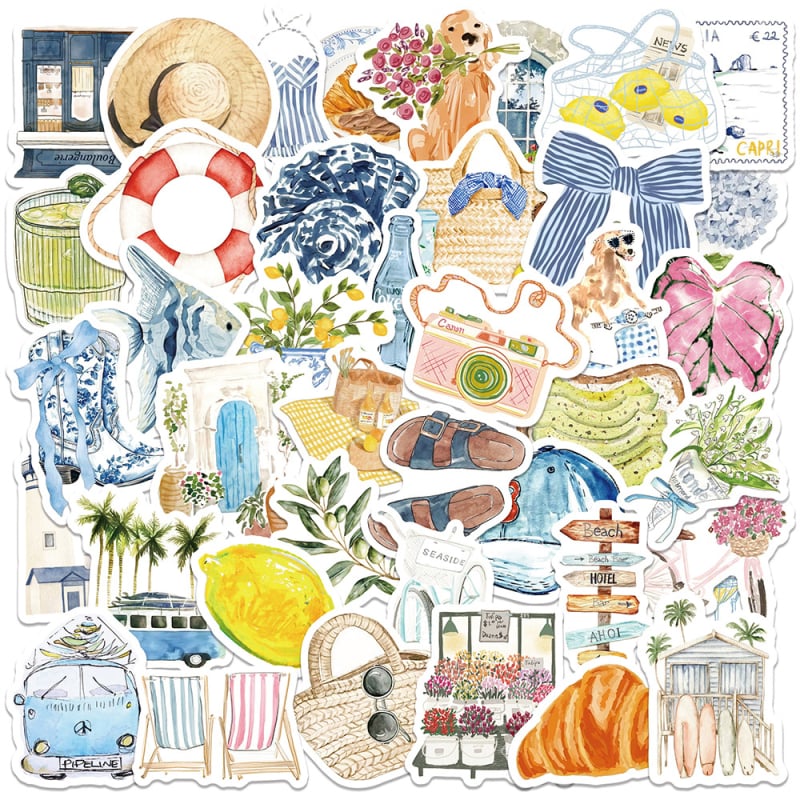 Комплект от 50 акварелни стикери с острови и пътувания – водоустойчиви PVC стикери за бутилка, калъф за телефон и планер, печат в скандинавски стил