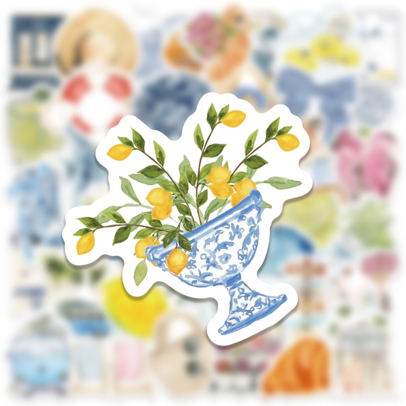 Комплект от 50 акварелни стикери с острови и пътувания – водоустойчиви PVC стикери за бутилка, калъф за телефон и планер, печат в скандинавски стил