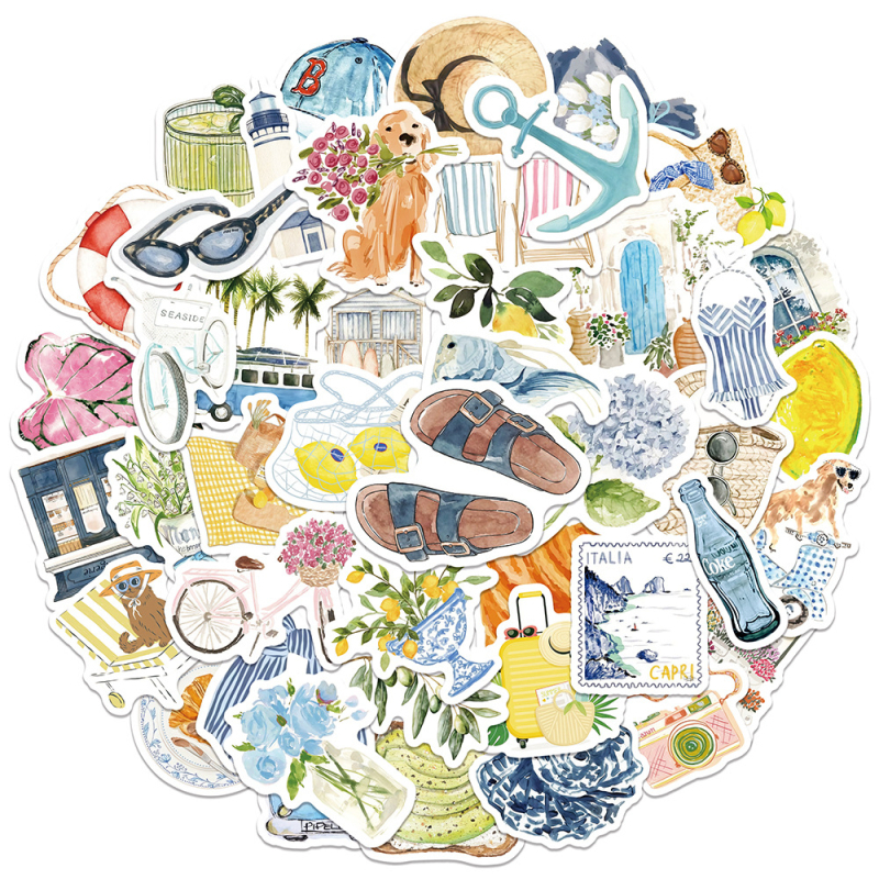 Комплект от 50 акварелни стикери с острови и пътувания – водоустойчиви PVC стикери за бутилка, калъф за телефон и планер, печат в скандинавски стил