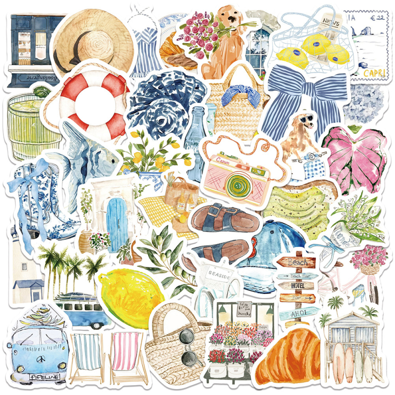 Комплект от 50 акварелни стикери с острови и пътувания – водоустойчиви PVC стикери за бутилка, калъф за телефон и планер, печат в скандинавски стил
