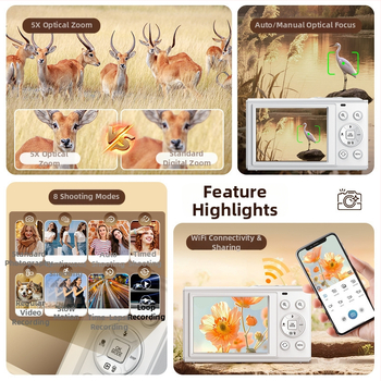 Selfie-kahekordse ekraaniga digikaamera 5x optilise suumi, CMOS 16 MP (1/2.8), 3840x2160@30fps